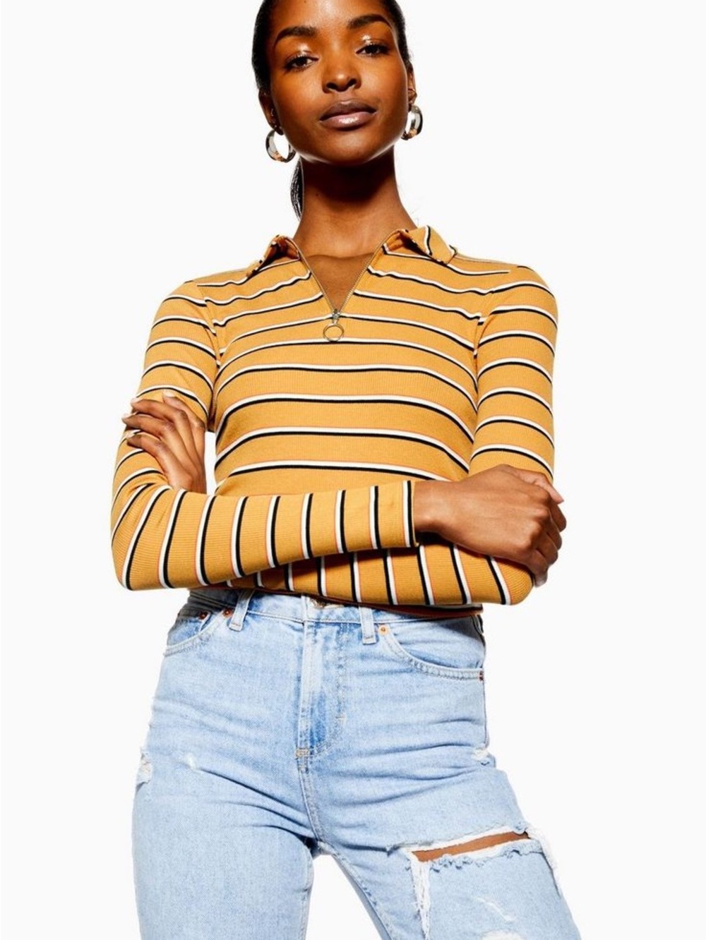 Topshop Striped Zip-Collar Long Sleeve Tee in Camel and Black